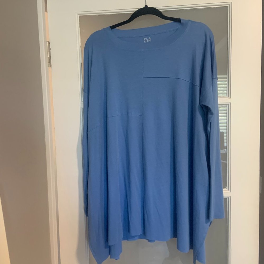 PLANET by Lauren G Oversize Blue Cotton Tee/Tunic One Size